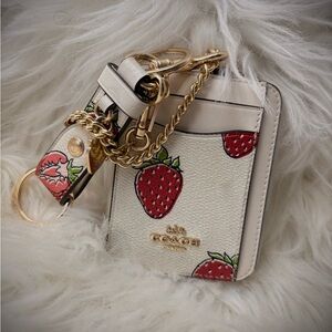 Coach Cream and Red Strawberry Card Holder with Gold Keychain